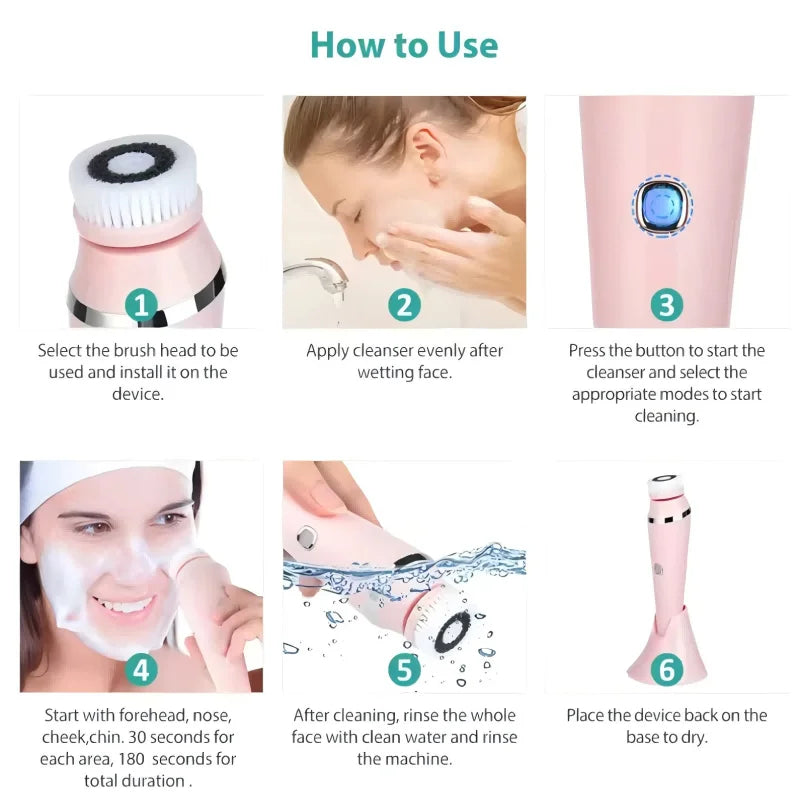 4 in 1 Electric Facial Cleansing Brush Waterproof IPX7 Face Massager Cleansing Device for Deep Cleaning Removal Blackhead Pore